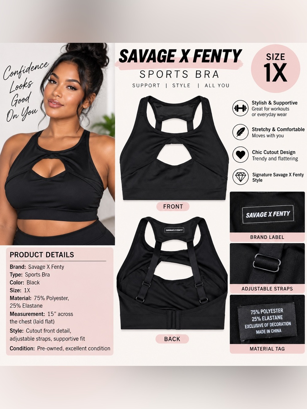 SAVAGE X FENTY CUTOUT SPORTS BRA - BLACK SIZE 1X (NEW WITH TAGS) A4